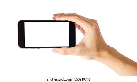 Man Hand Holding Horizontal The Black Smartphone With Blank Screen, Isolated On White Background.