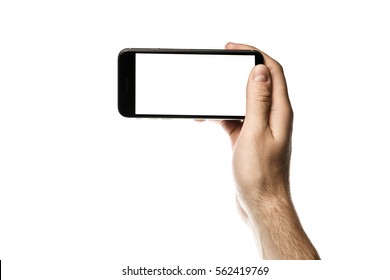 Man Hand Holding Horizontal The Black Smartphone With Blank Screen, Isolated On White Background.