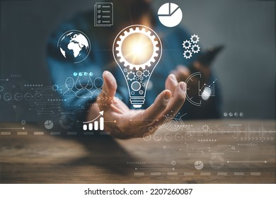 Man Hand Holding Light Bulb Icon Global Internet Connection. Business Global Internet Connection Application Technology And Digital Marketing, Financial And Banking, Digital Link Tech, Big D