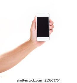 Man Hand Holding Mobile Phone On White Background