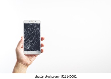 Man Hand Holding Mobile Phone With Broken Screen