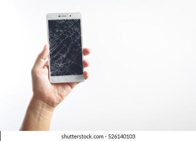 Man Hand Holding Mobile Phone With Broken Screen