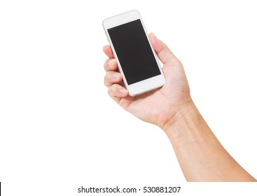 Man Hand Holding Mobile Phone Isolated On White Background. Clipping Path