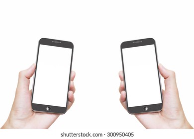 Man hand holding mobile smart phone with blank screen on the white background - Shutterstock ID 300950405