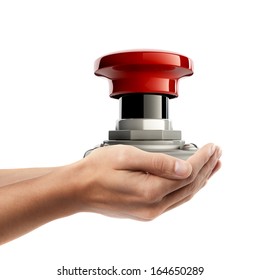 Man hand holding object ( red button )  isolated on white background. High resolution  