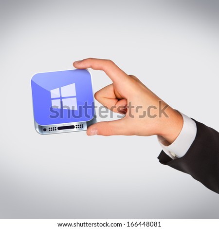 Man hand holding object. Window icon. High resolution