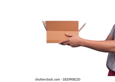 Man Hand Holding Open Brown Cardboard Box Isolated On White Background.