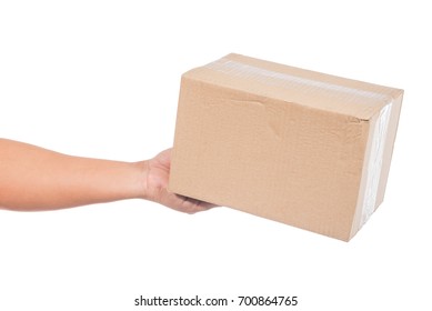 Man Hand Holding Package Box Isolated On White Background