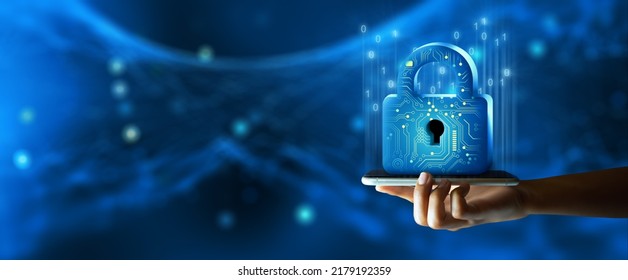 Man hand holding Padlock with Keyhole on Smartphone. Cyber data and information privacy. Future technology security, Network protection, and Modern safety digital Concept.