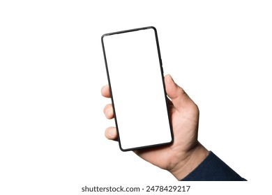 Man hand holding phone on white background with copy space. Woman holding smartphone with white screen. Hand with blank cellphone display, close-up. Clipping path.