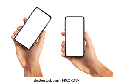 Man hand holding smartphone with blank screen mockup template, modern frame less design vertical and rotated positions - isolated on white background - Shutterstock ID 1402671989