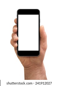 Man Hand Holding The Smartphone With Blank Screen Isolated On White.