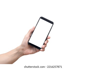 Man hand holding smartphone isolated,Male hand show cellphone white screen - Shutterstock ID 2216257871
