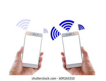 Man Hand Holding Smartphone With Wireless Connection Isolated On White Background. Comparison Between Strong And Weak Signals.