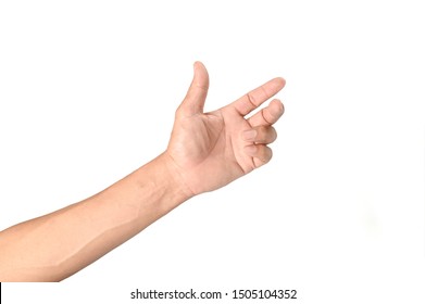 Man Hand Holding Something Isolated On White Background.
