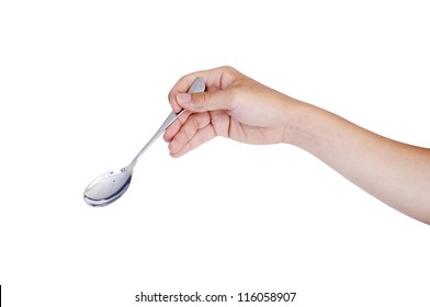 Man Hand Holding A Spoon, Isolated With Clipping Path In Jpg.