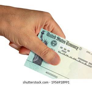 Man Hand Holding Stimulus Check For Coronavirus COVID-19 Pandemic Relief Isolated On White Background Including Clipping Path.