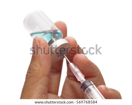 Man hand holding syringe and blue medicine vial. prepare for injection , isolated on white background
