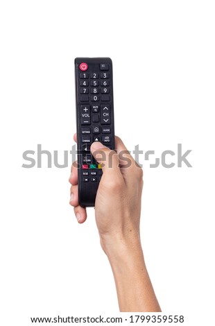 Man hand holding tv remote control isolated on white background
