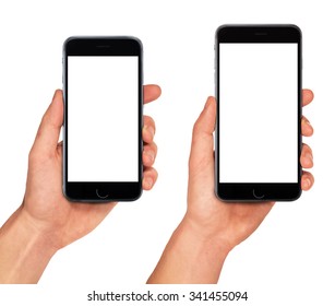 Man Hand Holding Two Smartphones In Different Sizes - Blank Screen Mockup, Isolated On White Background