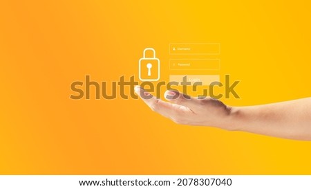 Man hand holding username and password padlock icon, cyber security, secure internet access, secure access to users personal data, concept privacy protection privacy , banner.