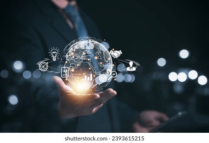 Man hand holding virtual Global Internet connection metaverse. Business global internet connection application technology and digital marketing, Financial and banking, Digital link tech, big data.