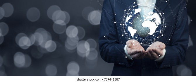Man Hand Holding Virtual Sphere Globe In Screen