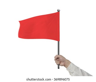 Man Hand Holding Wavy Red Flag Isolated In White Background