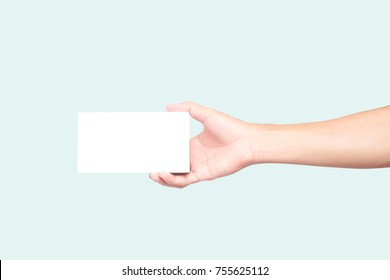 Man Hand Holding White Box On Light Blue Background For Text Or Advertising Concept 