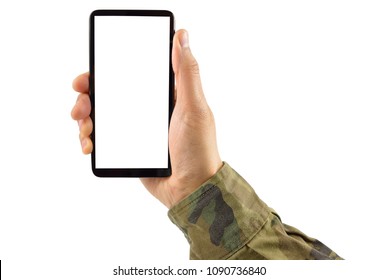 Man hand is holding a white modern smartphone with uniform military against a white background and copy space. - Powered by Shutterstock