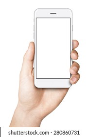 Man Hand Holding The White Smartphone.