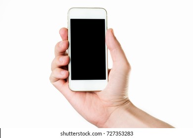 Man hand holding the white smartphone