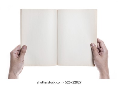 A Man Hand Hold(write) A Blank(empty, Vacant) White Book Spread Isolated White.