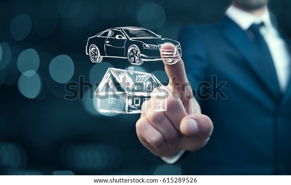man hand
house and car in  screen on blue
background