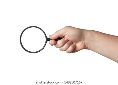 Man hand with magnifying glass, white background - Shutterstock ID 1482507167