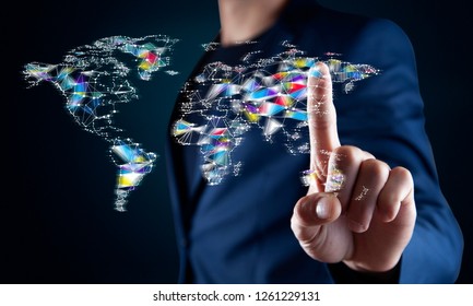 man hand  map in screen