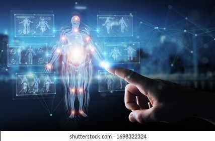 Man hand on blurred background using digital x-ray human body holographic scan projection 3D rendering