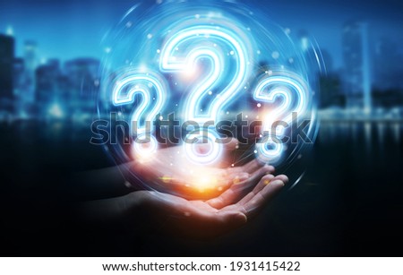 Man hand on dark background using digital question marks holographic interface 3D rendering