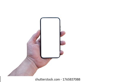 Man Hand On White Background Holds Phone With Isolated Screen. Mockup Technology