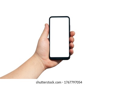 Man hand on white background holds phone with isolated screen. Mockup Technology - Shutterstock ID 1767797054