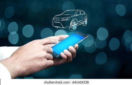 Man  Hand  Phone With Car Icon On Virtual Screen.