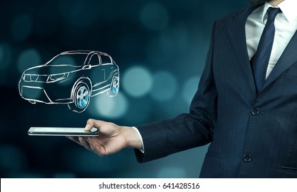 Man  Hand  Phone With Car Icon On Virtual Screen.