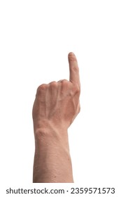 Man hand pointing with left index finger isolated on white - Shutterstock ID 2359571573
