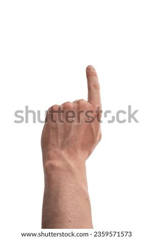 Man hand pointing with left index finger isolated on white