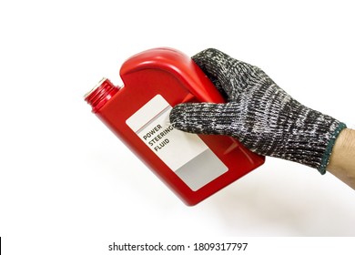 Man Hand With Power Steering Fluid Gallon On White Background, Isolated, Car Service.