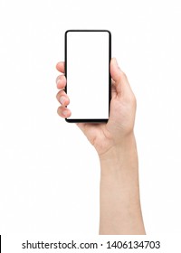 Man Hand Presenting A Smart Phone Screen Application Isolated On A White Background