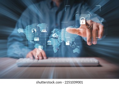 man hand press on virtual locked key to unlock cyber security to acquiring personal financial transaction technology - Shutterstock ID 2251039001