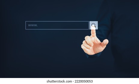 Man hand presses the information search button on computer touch screen. Technology, searching system and internet concept, copy space.