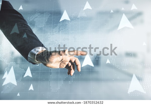Man hand presses on abstract virtual\
geolocations map hologram on blurred office background. GPS\
tracking and navigation concept.\
Multiexposure
