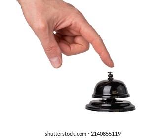 Man hand pressing call bell button isolated on white background. Ring for assistance in hotel, store, cafe, restaurant. High quality photo